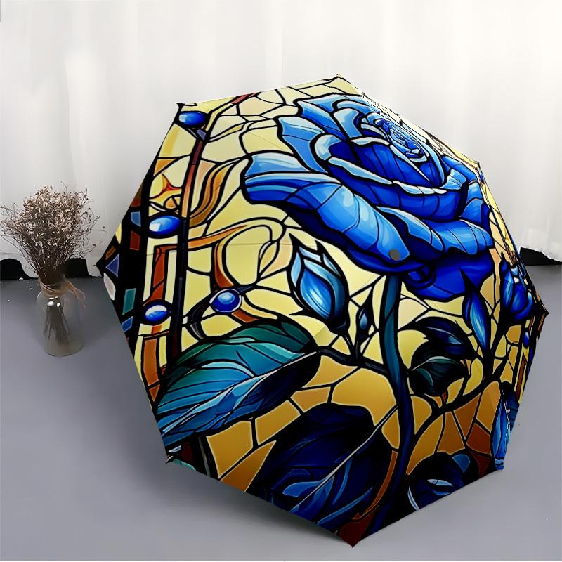 1pc Stained Glass Rose Automatic Folding Umbrella - 8-Rib Compact Travel Umbrella Durable & Portable for Outdoor Use, Perfect Gift for Birthdays098