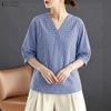 Women Plaid Print Casual V-Neck 3/4 Sleeve Blouse