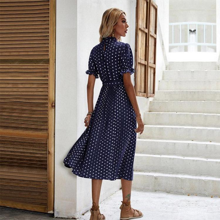 Women's Casual Crew Neck Polka Dot Printed Pleated Dress Short Long Sleeve Tie Spring Summer Mediumn
