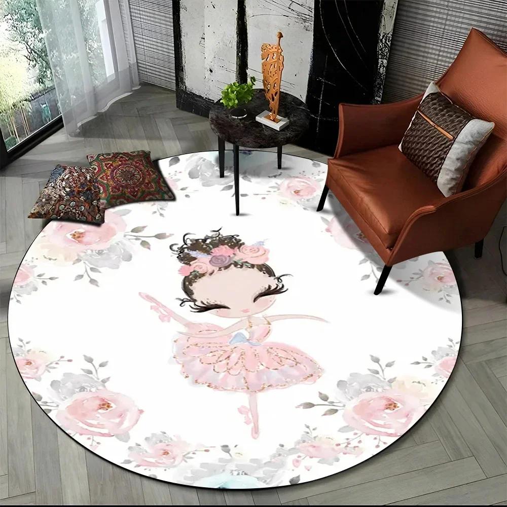Cartoon Ballet Girl Fairy Ballerina Flower Round Carpet for Living Room Child Girls Bedroom Decor Area Rug Non-slip Floor Mat