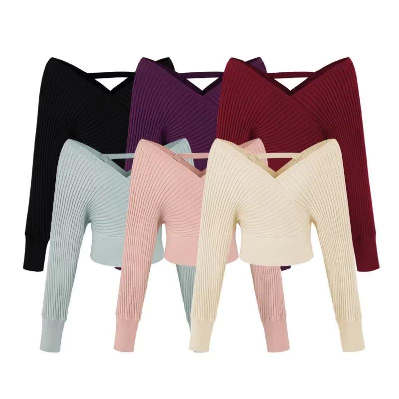Women's One-Shoulder Long Sleeve V-Neck Waist-Cinching Knit Sweater - Slimming Ribbed Off-the-Shoulder Top