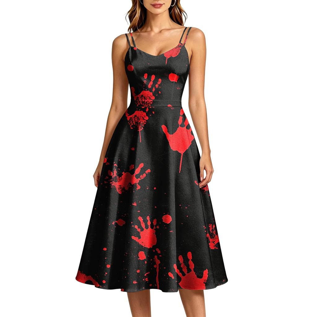 Women's Casual Round Neck Sleeveless Dress with Halloween Print for Party and Daily Wear