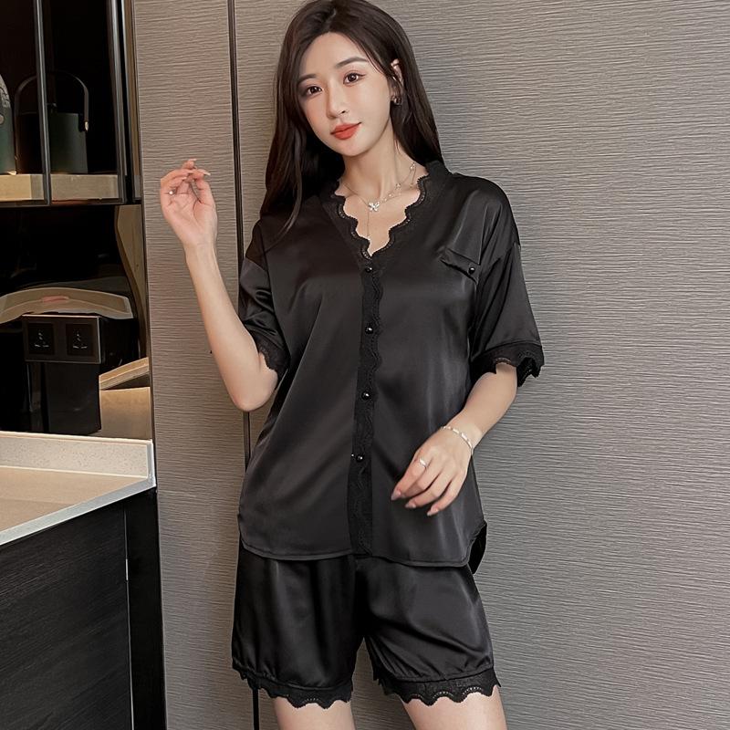 Summer High-End Female Sexy Lace Pajamas Lapel Cardigan Loungewear Set
