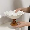 Retro Lace-trimmed High-footed Ceramic Plate, Wooden High-legged Tray,Household Fruit and Snack Tray Tableware for Hotel Trays