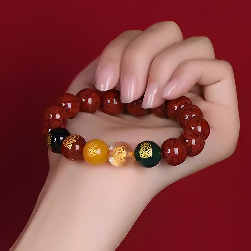 

Translucent Cinnabar Wealth Bracelet with Crystal Sand & Purple Gold Accents - Unisex Birth Year Design Five-Way God of Wealth Crystal Sand 8MM