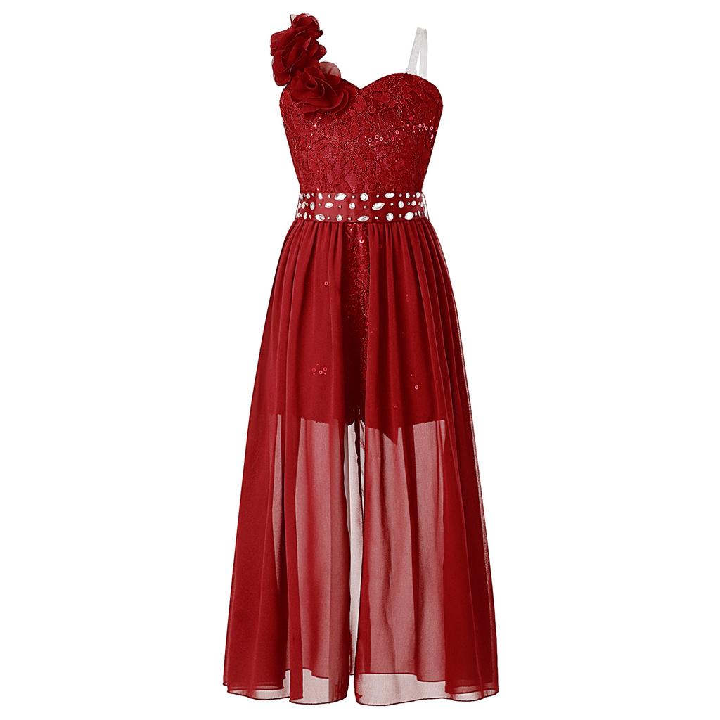 Vestito da Festa con Applicazione Brillante di Perline per Ragazze Tuta con Pizzo e Paillettes Romper con Sovrapposizione in Chiffon Vestito per Compleanno e Ballo di Fine Anno