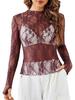 2024 Women's Long Sleeve Stand Collar Floral Lace Top - Transparent See-through Design