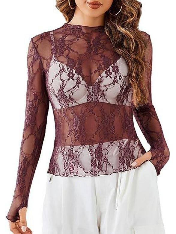2024 Women's Long Sleeve Stand Collar Floral Lace Top - Transparent See-through Design