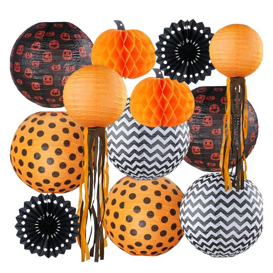 12Pcs Halloween Party Decorations Honeycomb Pumpkin Ball Lanterns Paper Fan Hanging Ornaments Indoor Outdoor Spooky Decor for Home Office Party