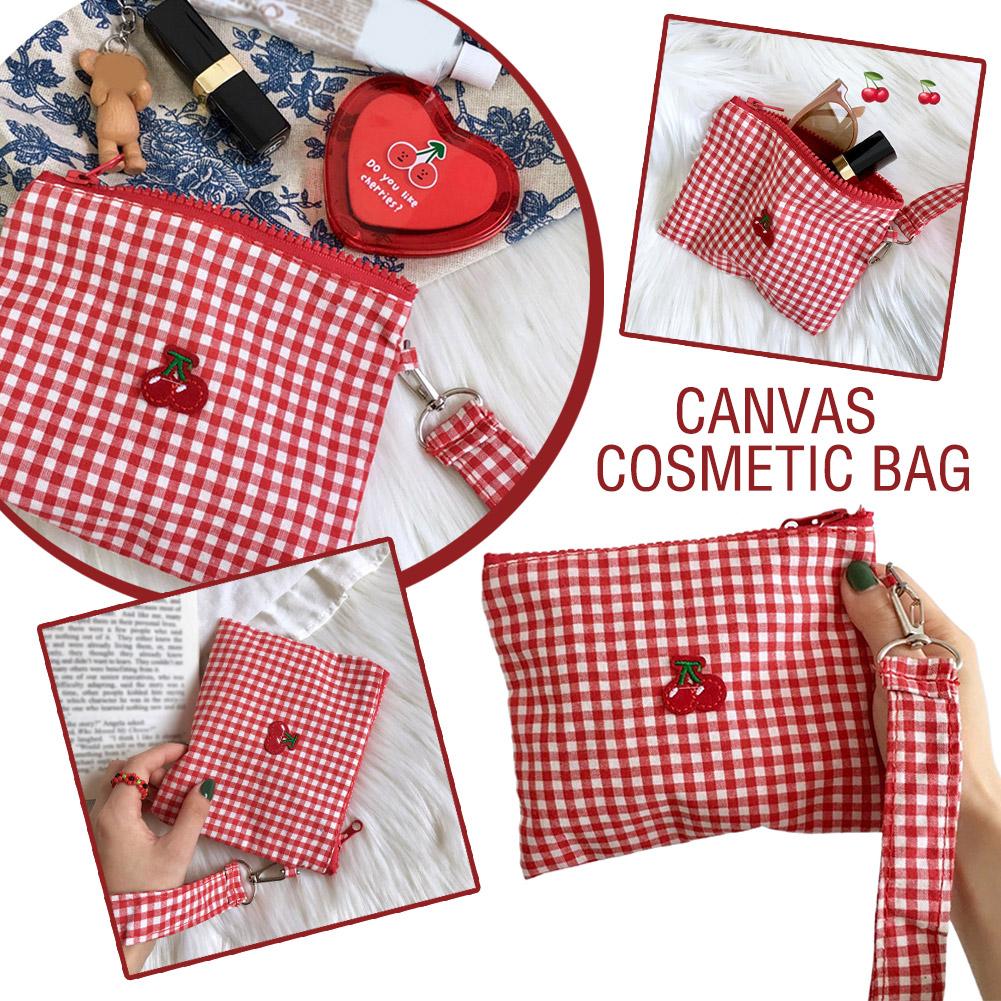 Red cherry canvas makeup bag Red plaid portable Large Capacity cosmetic lipstick storage bag Travel Toiletry Handbag Pouch