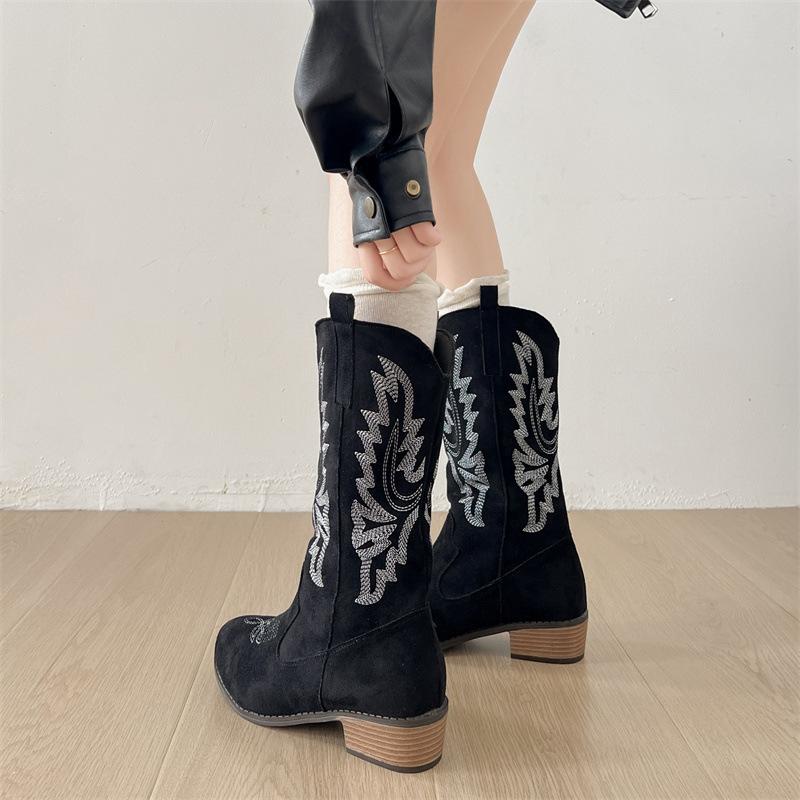 Popular Khaki Maillard Thick Heel Western Cowboy Boots Women's 2025 New Autumn Versatile Retro Knight Boots Short Boots