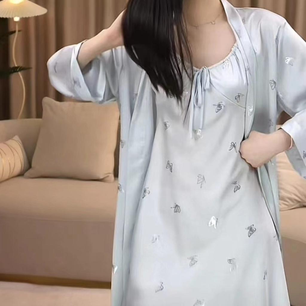 New sexy nightgown women's summer suspender ice silk pajamas ins print pure desire pajamas with chest pads