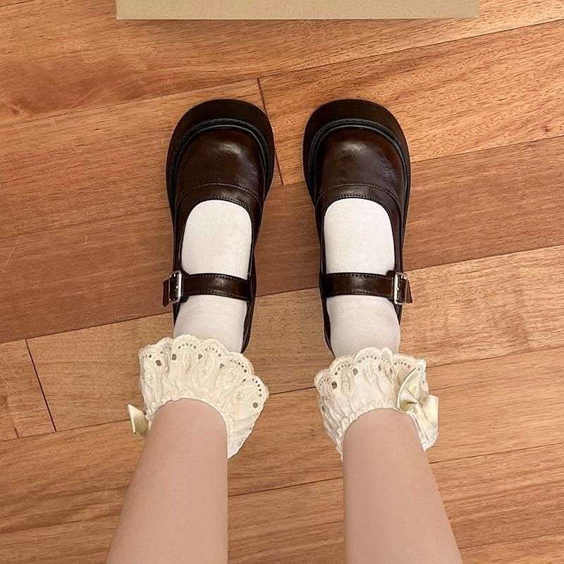 Thick Bottom  High Heels Women's 2025 Spring Autumn Shallow Ruched Preppy Style Student Shoes Leather Shoes