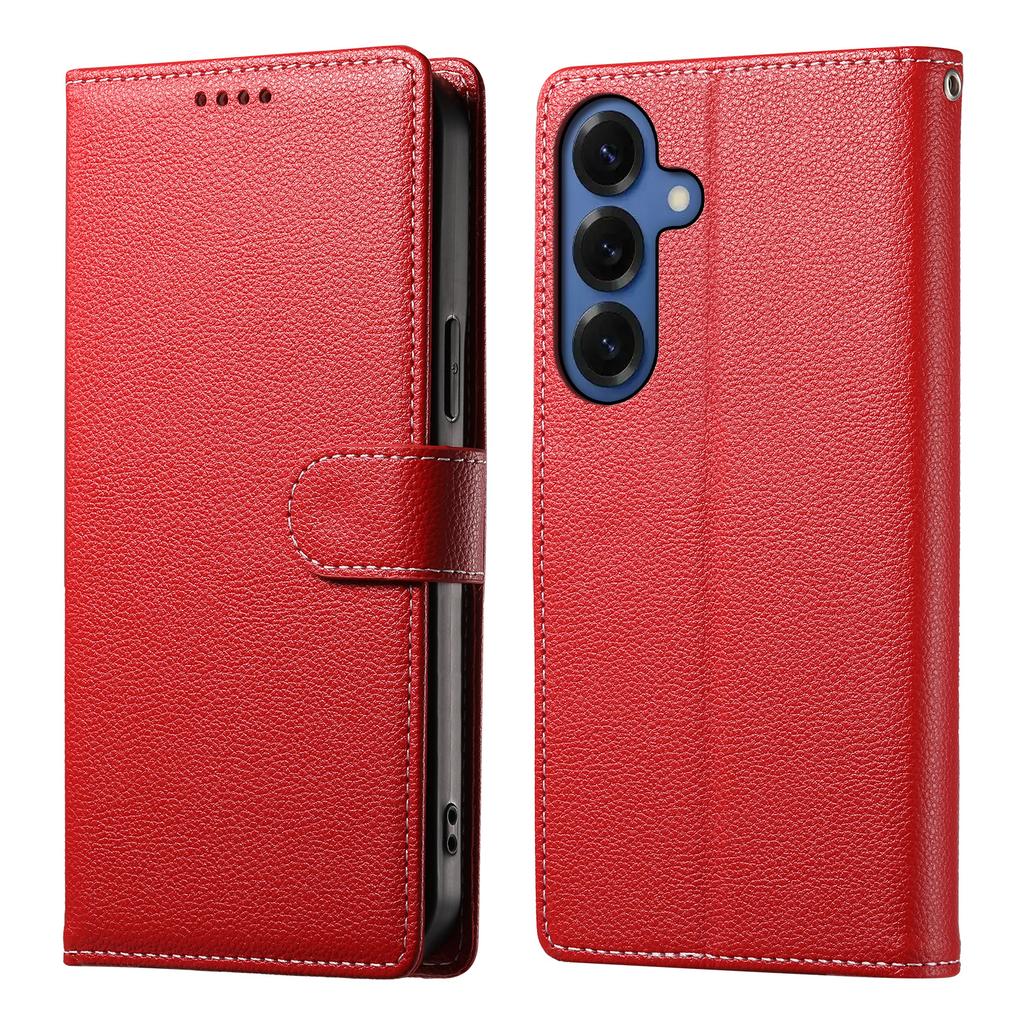For Samsung Galaxy S26+ Case Magnetic Snap Litchi Texture Leather Wallet Phone Cover with Wrist Strap