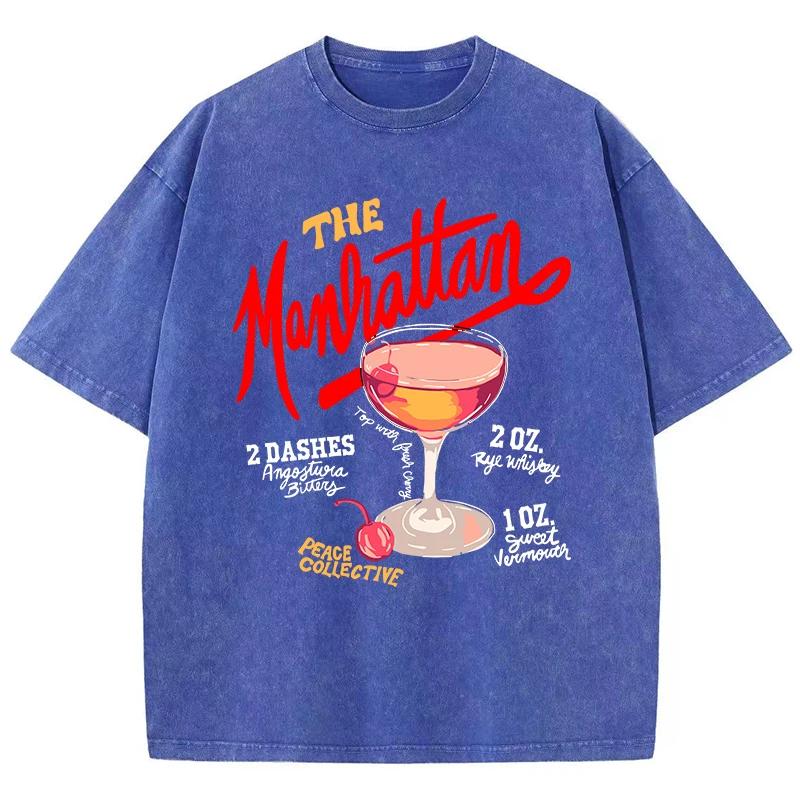 Oversized Women Washed T-Shirts The Manhattan Cherry Cocktail Printed Tee Shirts Distressed Crewneck Cotton Tees Clothes