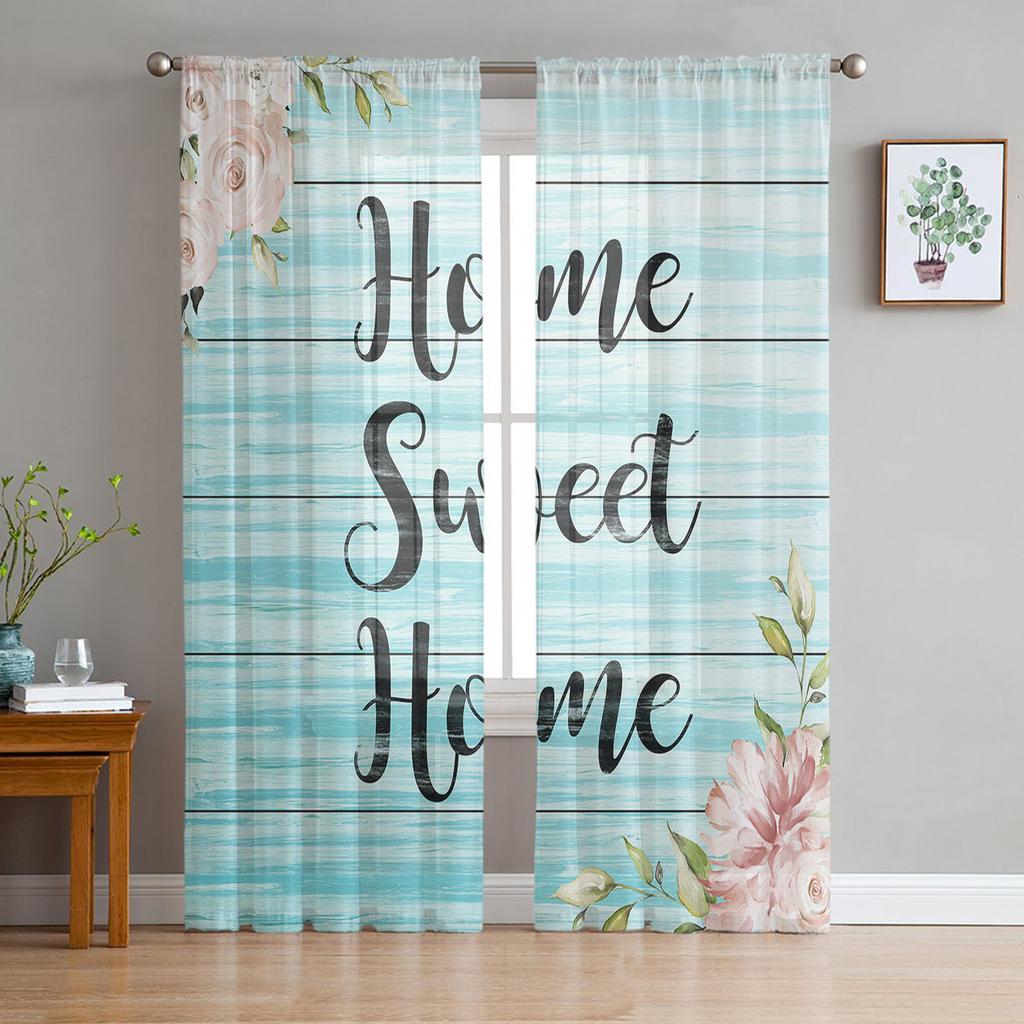 Flowers Bloom Turquoise Plants Roses Tulle Sheer Window Curtains for Living Room Kitchen Children Bedroom Voile Hanging Curtain