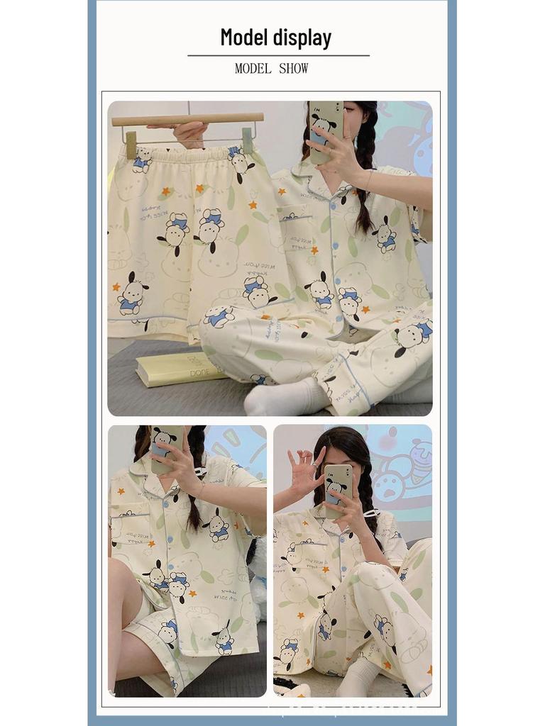 Summer Fashion Pajamas: Women's Short Sleeve Three-Piece Set with Cartoon Pacha Dog Design, Suitable for Home or Outdoors