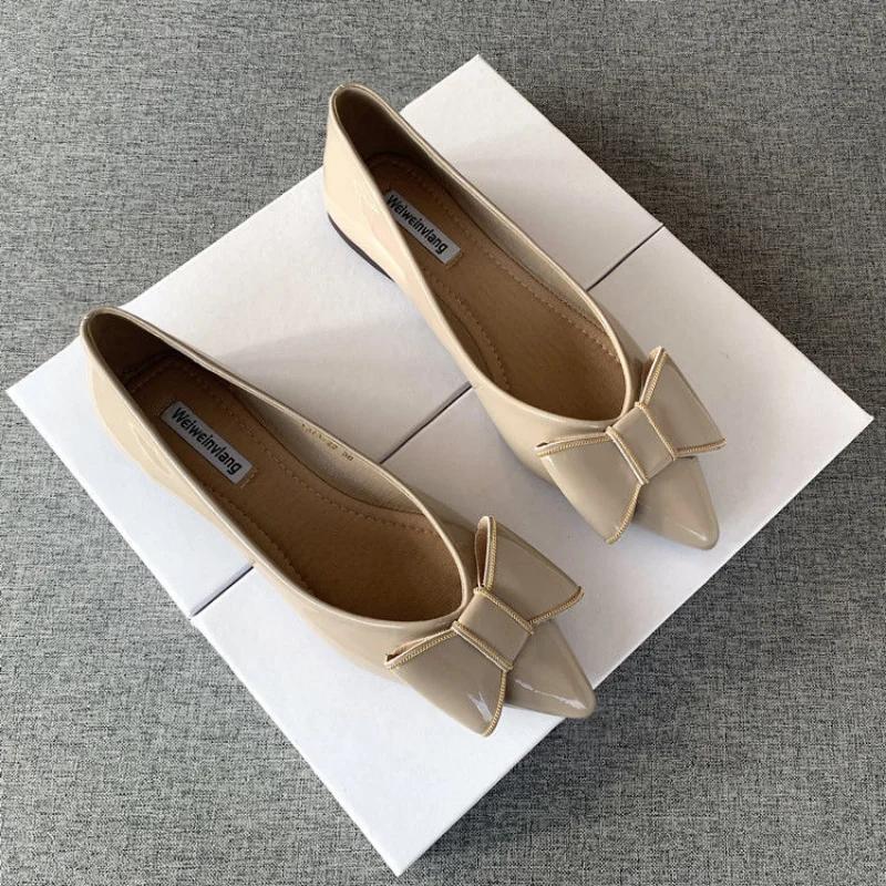 Fashion Shoes For Women 2024 Flat With Bow Flats Ladies Summer Footwear Pointed Toe Bride Luxury Leather Casual Red Fashion Lastest Shoe