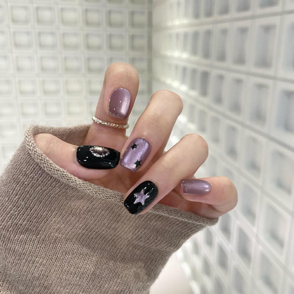 Dream amethyst black purple sweet cool pure handmade wearing nail cat eye white short temperament nail art patch fake nails