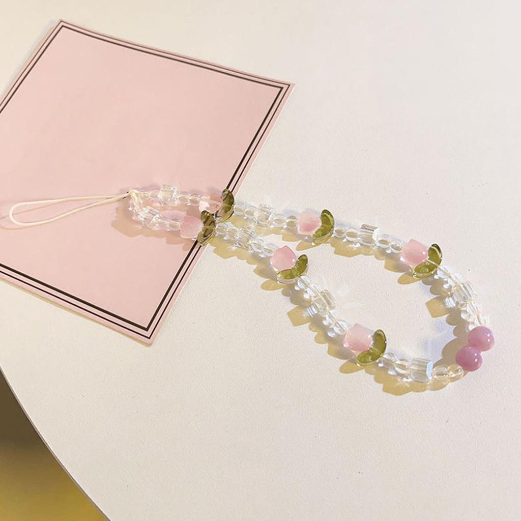 Upgrades Beaded Phone Chain Strap with Pearl & Flower Charms Wrist Keychain Wallent Pendant Comfortable for Women & Girl