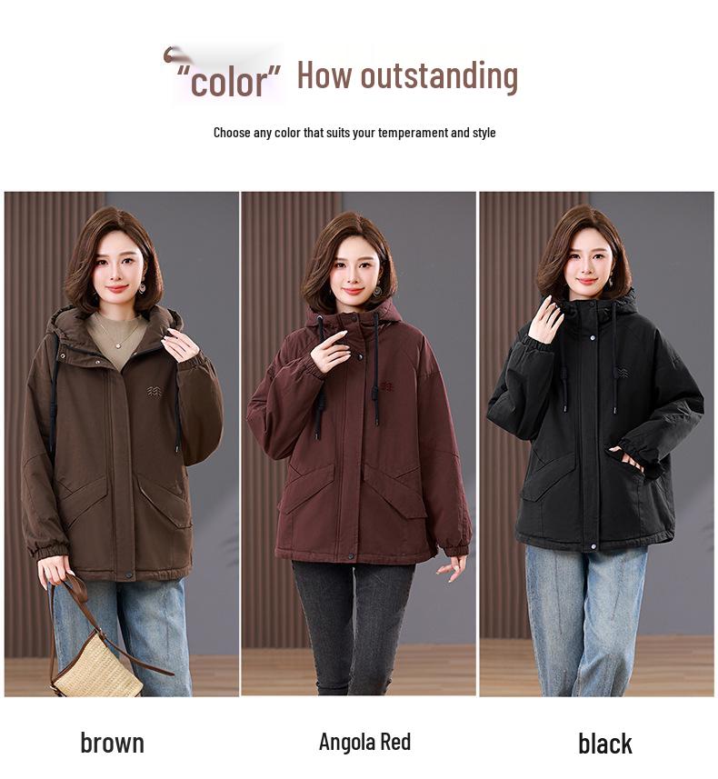 Women's Fleece-Lined Hooded Parka - New Winter Style, Warm & Casual for Middle-Aged Moms