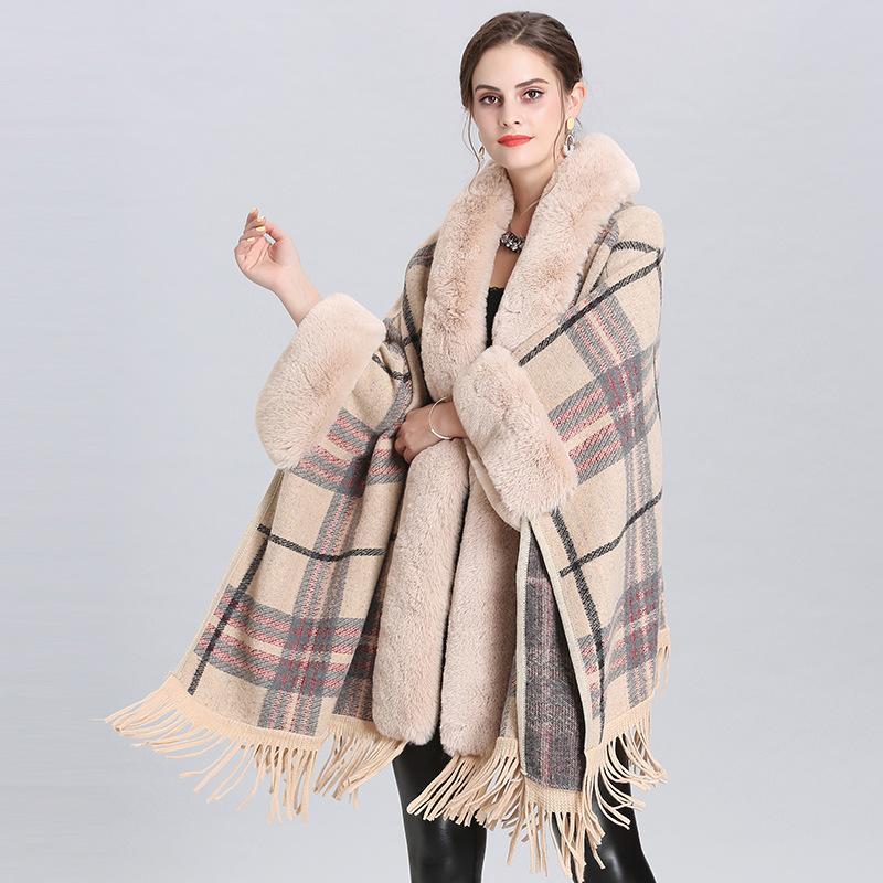 4 Colors Winter Thick Warm Oversize Cloak Women Plaid Long Faux Rabbit Fur Loose Poncho Cape Fashion Tassel Overcoat With Hat