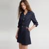 ELLE French Elegant Commuter Style Irregular Denim Skirt Vintage Lace-Up Long Sleeve Dress Women dresses Dark-Blue EL49300