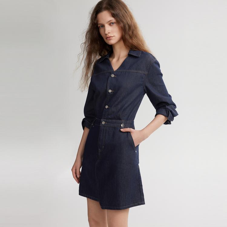 ELLE French Elegant Commuter Style Irregular Denim Skirt Vintage Lace-Up Long Sleeve Dress Women dresses Dark-Blue EL49300