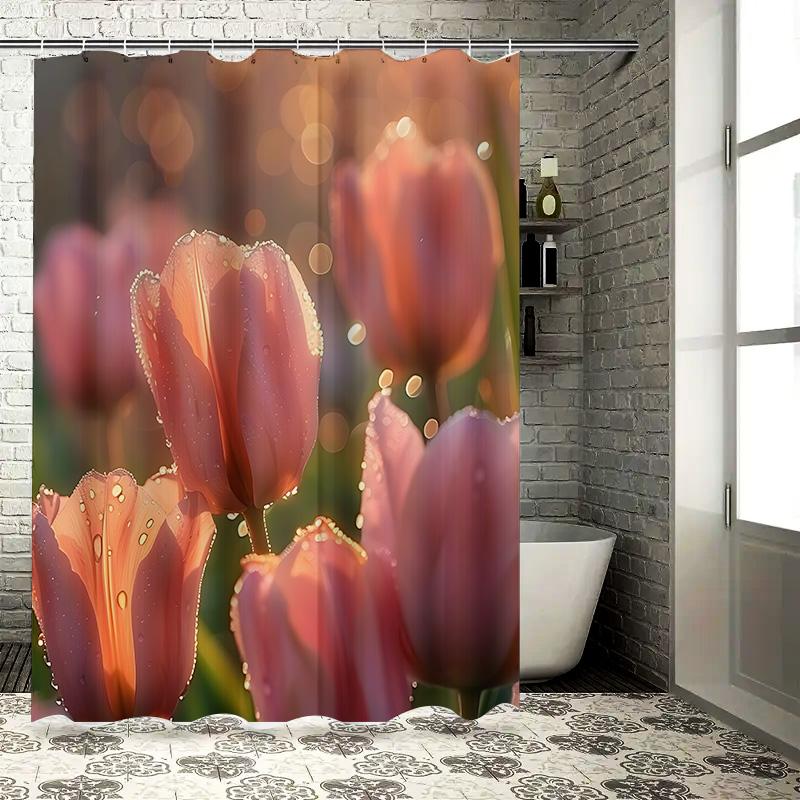 Elegant Tulip Shower Curtain with Dew Drops - Nature-Inspired Bathroom Decor for a Relaxing Ambiance Waterproof  Durable