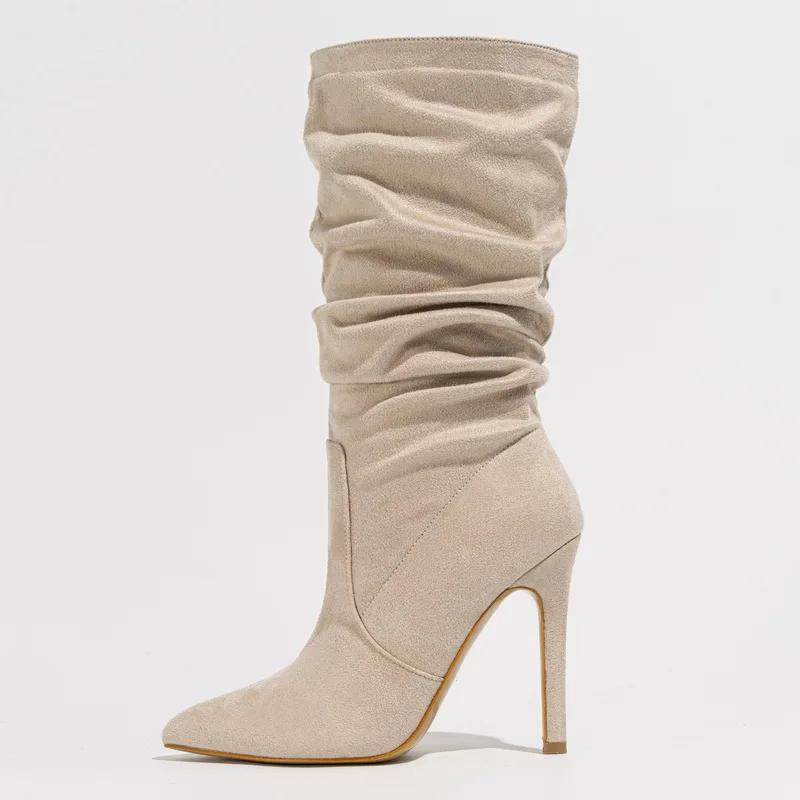 

Women Pleated High Thin Heel Mid-calf Boots OL Outdoor Nightclub Evening Party Wedding Banquet Soical Gathering Botas De Mujer 35 бежевый