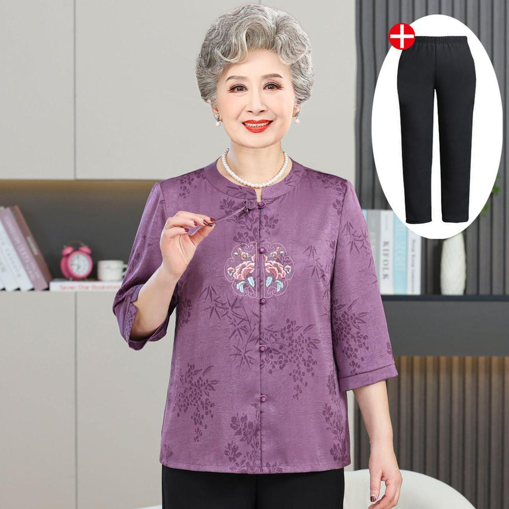 Grandma's Summer Two-Piece Short-Sleeved Cardigan Suit for Elderly Women