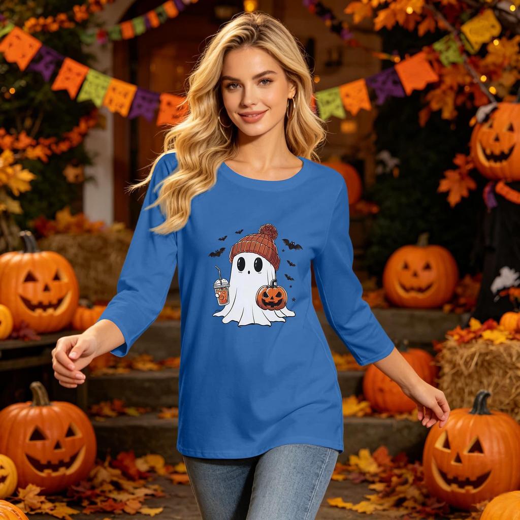 Women's Fashion Casual Halloween Print Three-Quarter Sleeve Neck Top for Fall Festive Wear