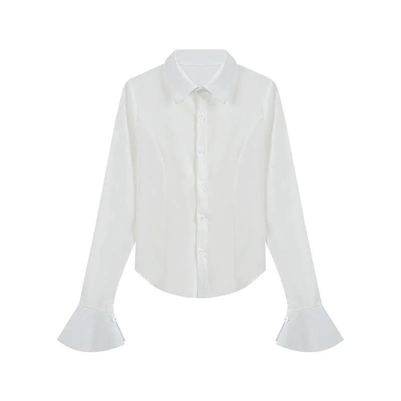 

Сексуальная узкая женская рубашка с расклешенными рукавами, однобортная, с лацканами, туника с бандажом сзади, женские блузки, весенний тренд 2024 года, новая женская футболка S белый