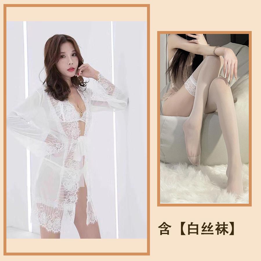 Sexy spodní prádlo Sexy dámské síťované krajkové, Sukně Průsvitné pyžamo Dámský otevřený rozkrok Horký kabát Třídílný oblek