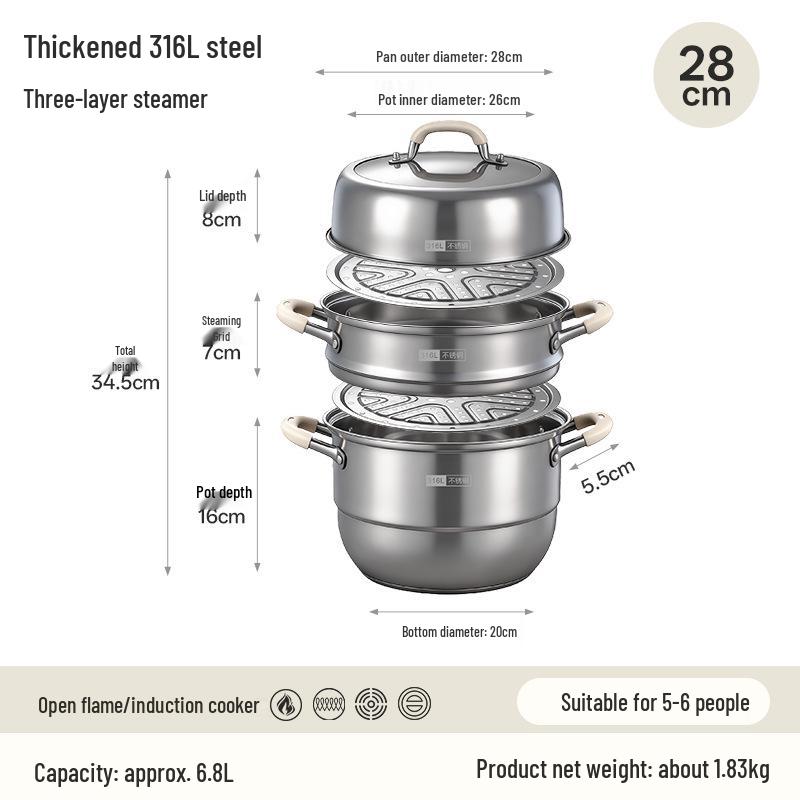 316L Stainless Steel Multi-Layer Steamer Pot for Steaming, Cooking, and Stewing – Induction and Gas Compatible.