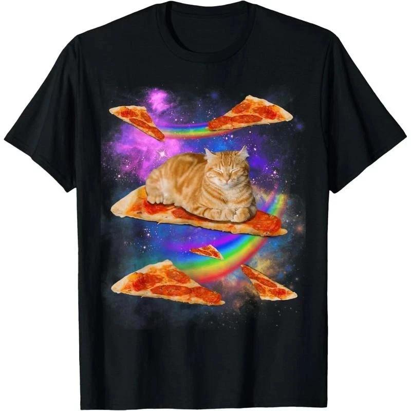 100% Cotton Funny Galaxy Cat In Space Cat Riding Pizza T shirt Fabric Menswear 2XL