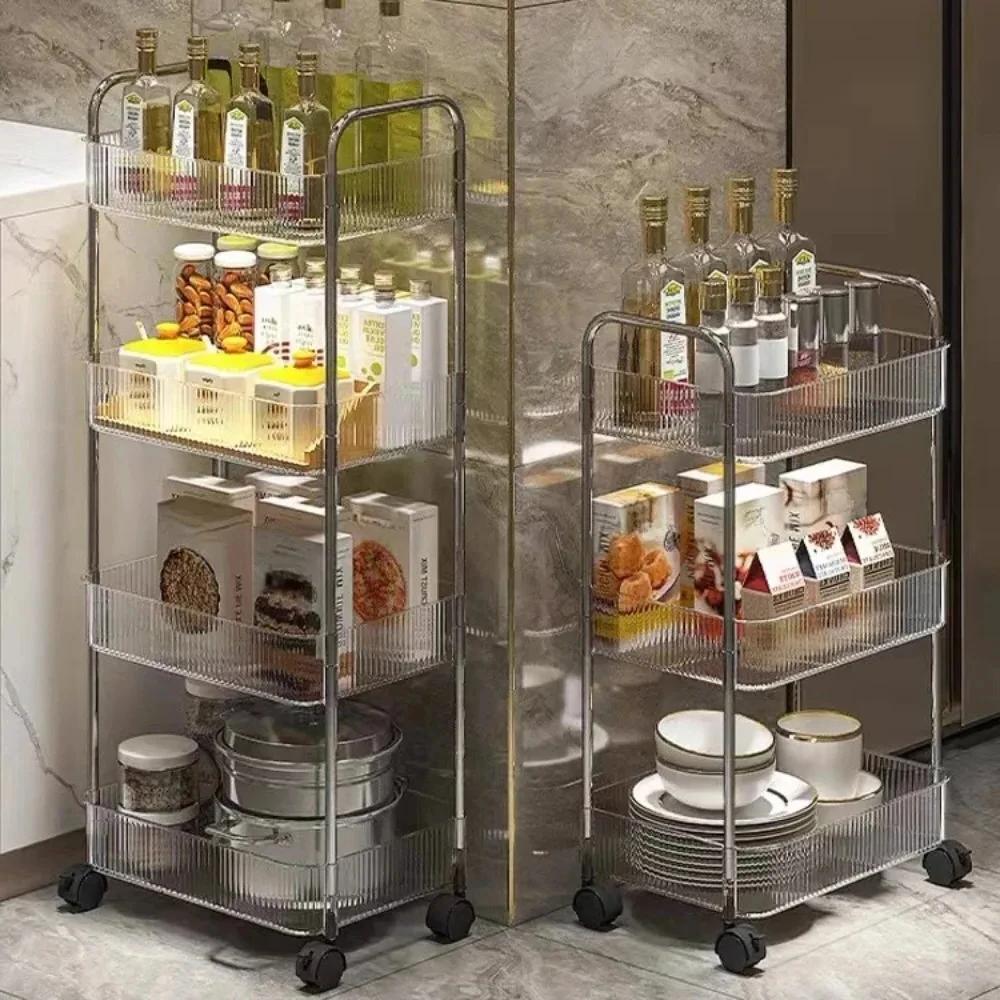 3 Layers Transparent Storage Rack Trolley Acrylic Rolling Cart with Hanging Basket Bathroom Acrylic Makeup Bookshelf organizer