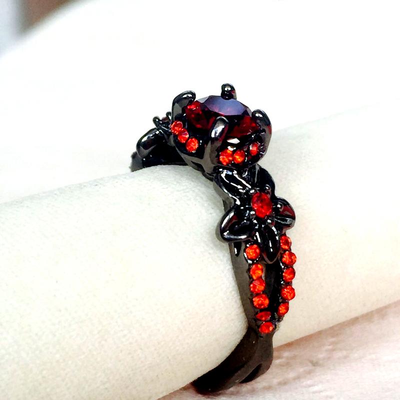 Red Garnet Flower Shiny Black Gold Color Rings for Women Charming Wedding  Promise Opal Rings Bijoux Femme Party Gifts