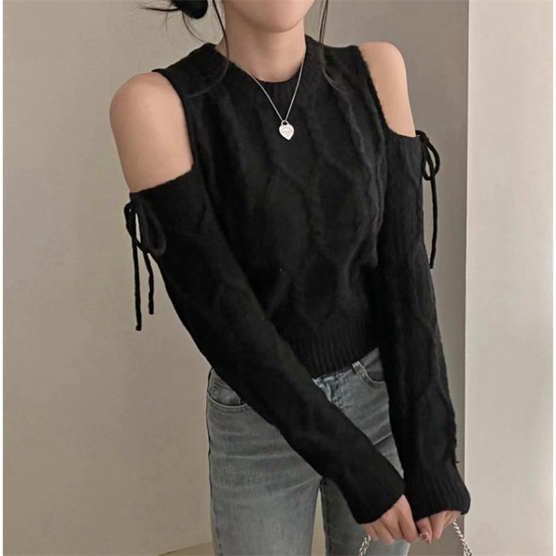 Off-the-shoulder Sweet Korean Fashion Pullover Women Sweater Autumn Winter Bow Tie Lace Up Casual Knitted Tops O Neck Loose Long Sleeve Clothing