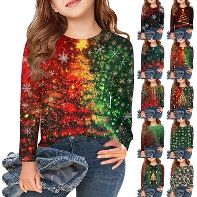 Christmas Day Girls Long Sleeve T Shirts Kids Fall Tops Crewneck Printed Basic Tees