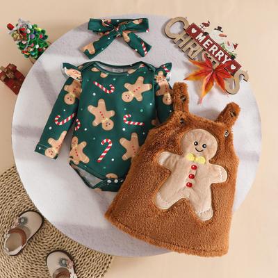 Pagliaccetto Natalizio Sfocato per Neonati e Set Abito da Babbo Natale di Pan di Zenzero per Bambine