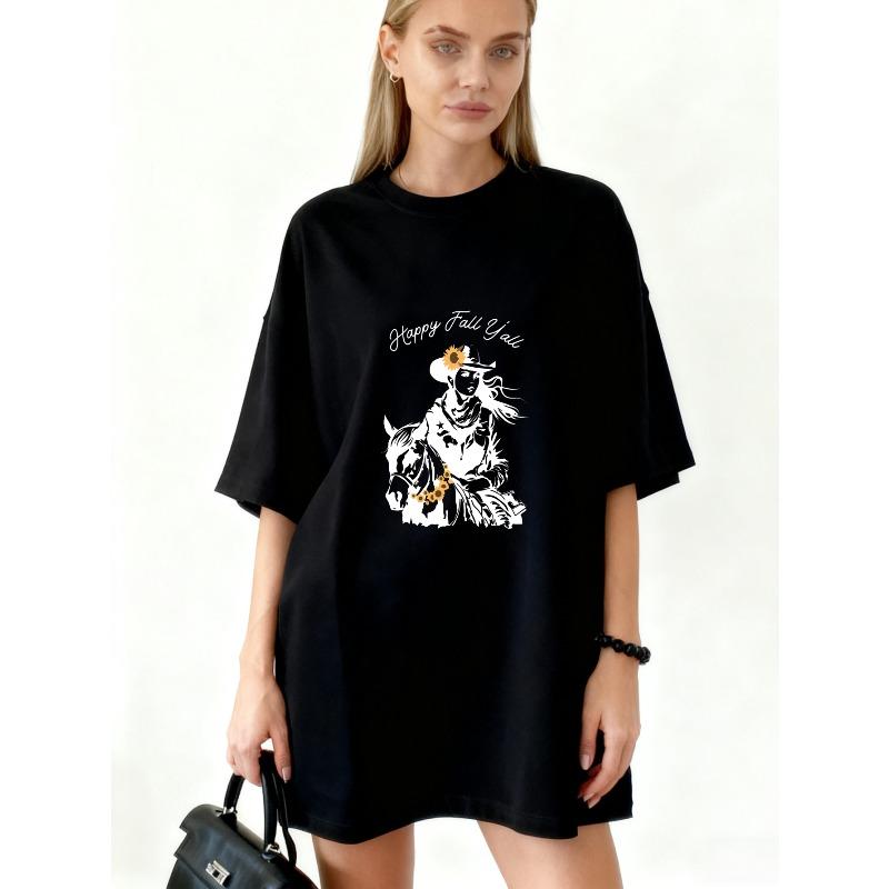 Oversized T Shirt Black Happy Fall Yall Cowgirl Riding Horse With Sunflower Print Casual Autumn Outfit For Women S