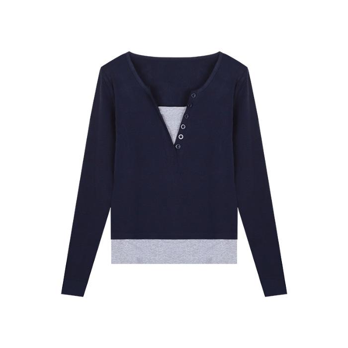 Splicing Contrasting Color Fake Two-piece Long-sleeved T-shirt Women's Autumn Design Sense Niche Slim and Thin Chic Bottoming Shirt Top