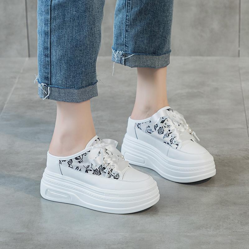 Leather Bag Head Half Slippers Women's Outer Wear 2025 Spring and Summer New Mesh Breathable Thick Sole Inner Height Increase Women's Shoes 9CM Tide