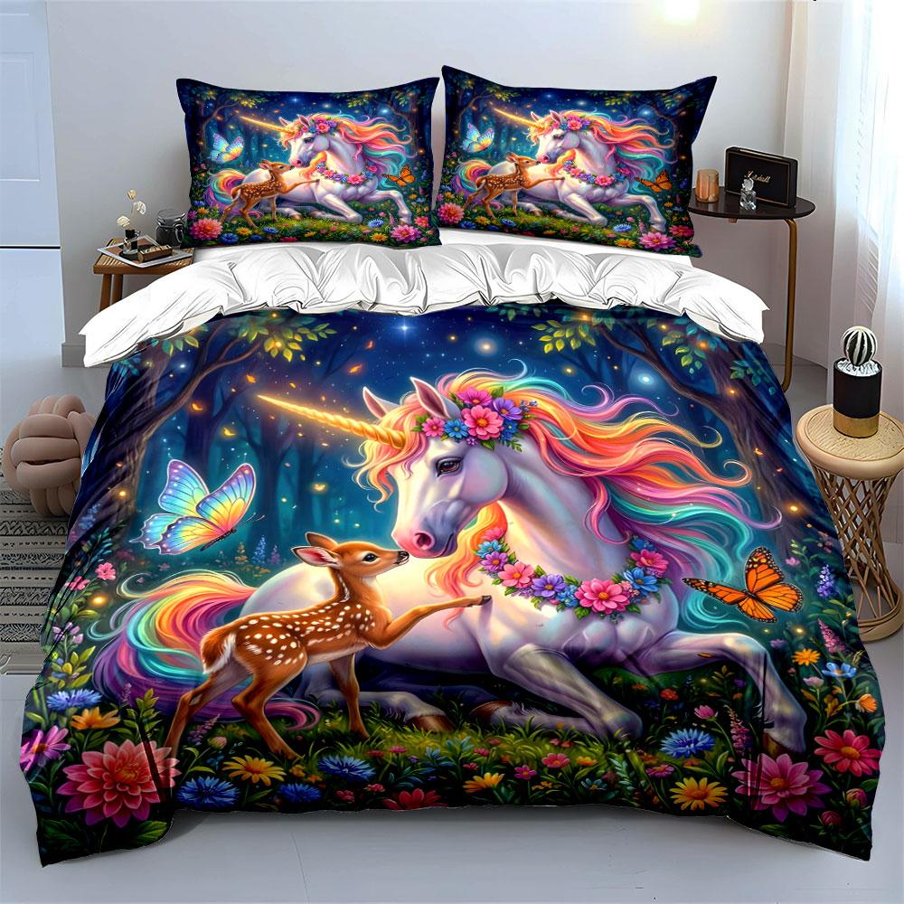 Verzaubertes Einhorn und Reh im Wald Muster Bettbezug Set Digitaldruck Bunt Polyester Bettwäsche mit Reißverschluss Verschluss Geschenke