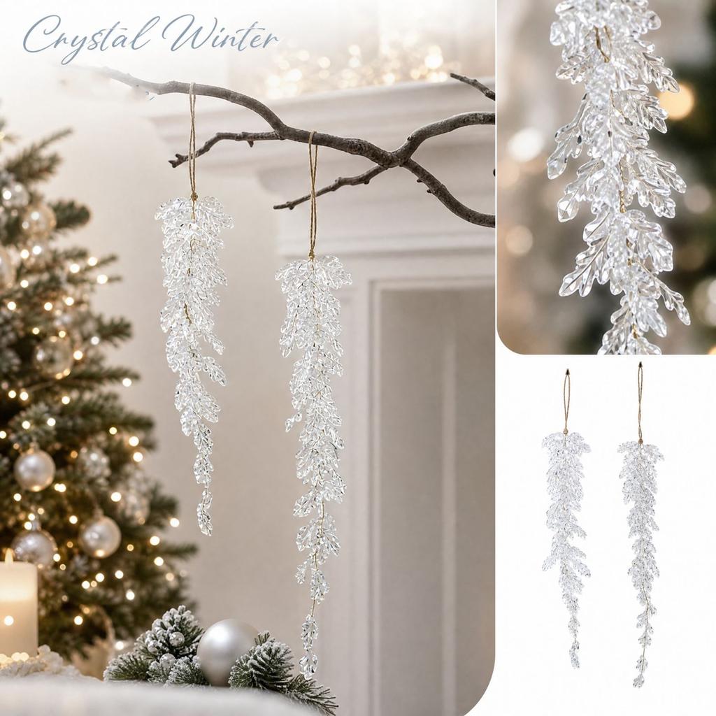 Clear Acrylic Snowflake and Icicle Hanging Ornaments with Bead Drop Accents for Christmas Tree Decor, Clear Leaf