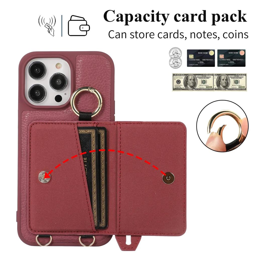 Wristband Wallet Cards Solt Crossbody Leather Case For iPhone 15 16 Pro Max 14 Plus 13 12 11 Ring Holder Lanyard Bag Pouch Cover
