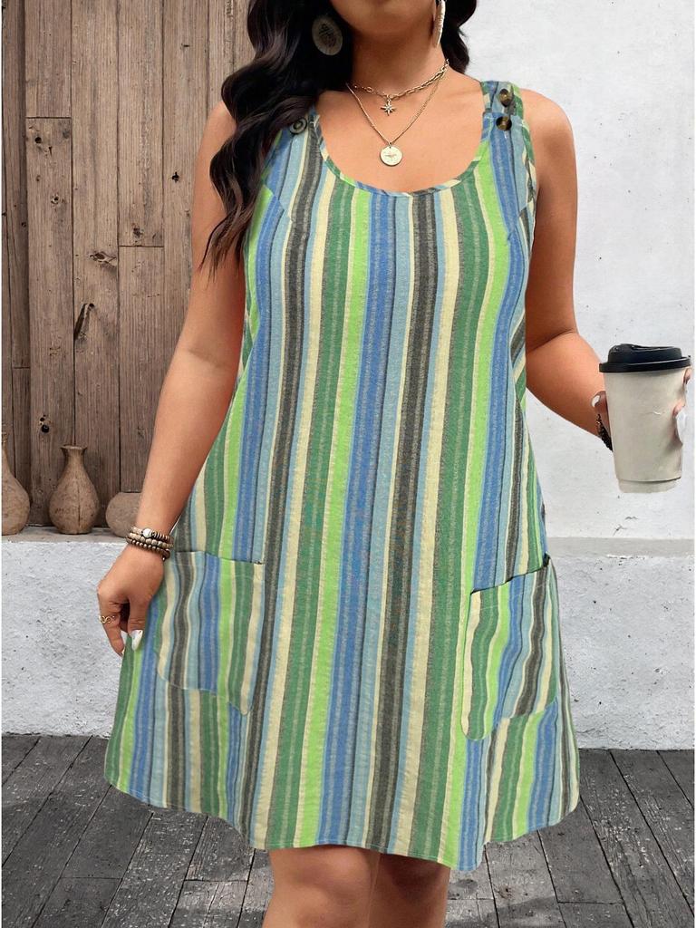 2026 Summer Fashion: Striped Sleeveless Dress with Button Pockets, Women's Casual European & American Style.