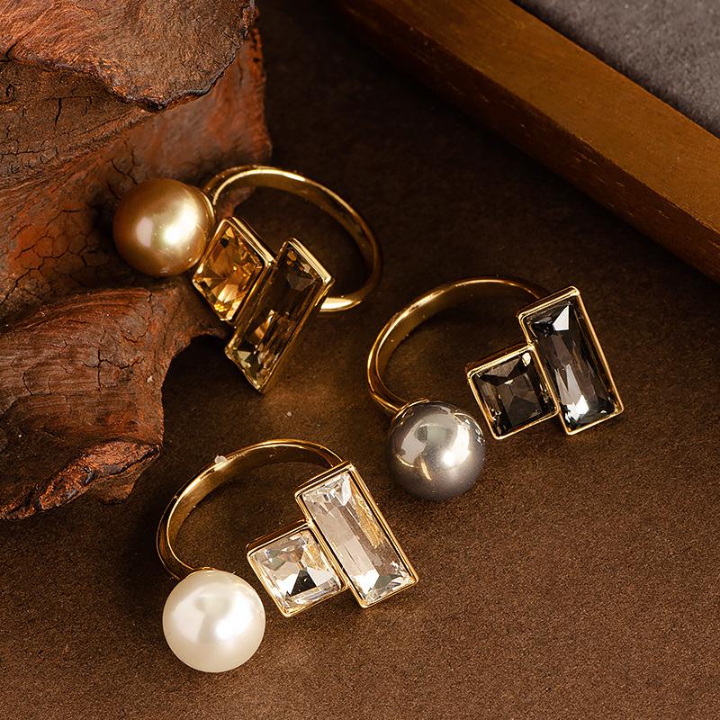 Square pearl open ring niche design light luxury personalized index finger ring simple and versatile exquisite ring women