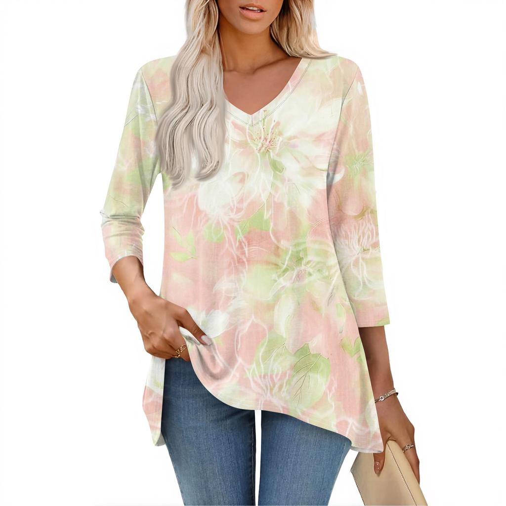 Womens Tops V-neck 3/4 Sleeve Blouses Casual Mid-length Shirts Fashion Print Tunic Tops